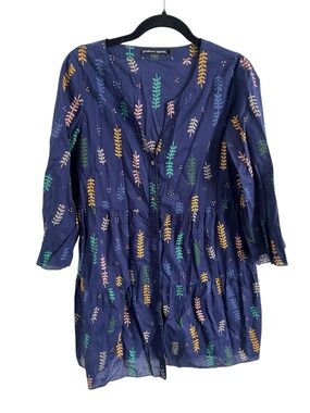 Gudrun Sjoden Navy Button-Front Tunic with Colorful Leaf Print